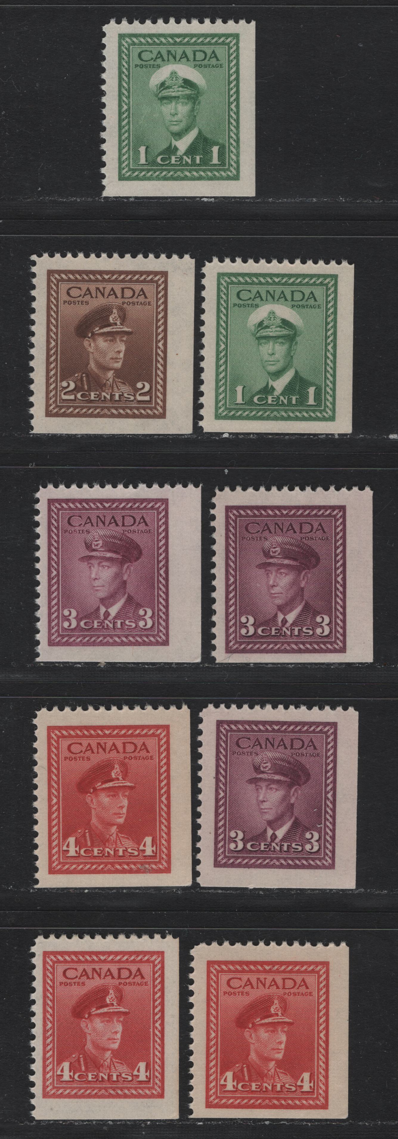 Lot 258 Canada #249as, 250as, 252as, 254as 1c - 4c Green - Carmine Red , 1942-1943 KGVI War Issue, 9 VFNH Corner Booklet Singles, From Panes Of 6 Or 4+2 Labels, All Different With Respect To Paper/Gum Or Shade