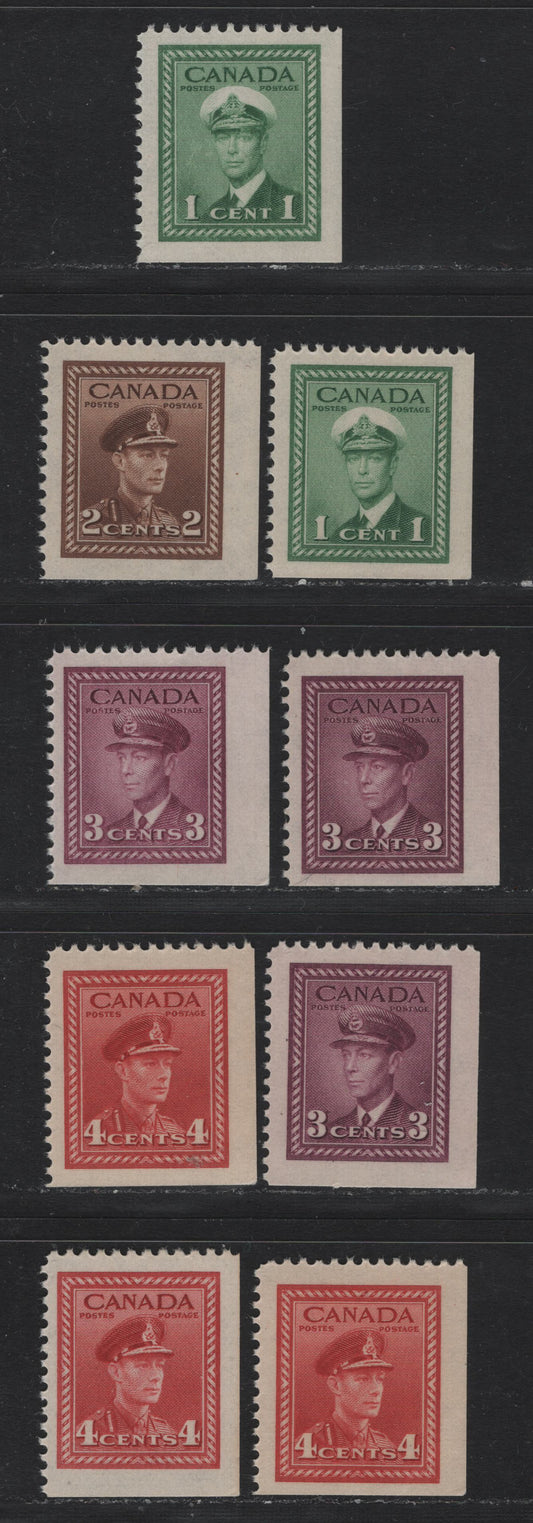 Lot 258 Canada #249as, 250as, 252as, 254as 1c - 4c Green - Carmine Red , 1942-1943 KGVI War Issue, 9 VFNH Corner Booklet Singles, From Panes Of 6 Or 4+2 Labels, All Different With Respect To Paper/Gum Or Shade