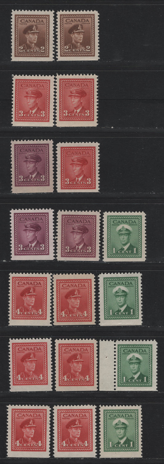 Lot 259 Canada #249as, 250as, 251as, 252as, 254as 1c - 4c Green - Carmine Red , 1942-1943 KGVI War Issue, 18 VFNH Bottom Booklet Singles, From The Bottom Left Or Bottom Center, All Different With Respect To Either Shade Or Paper/Gum