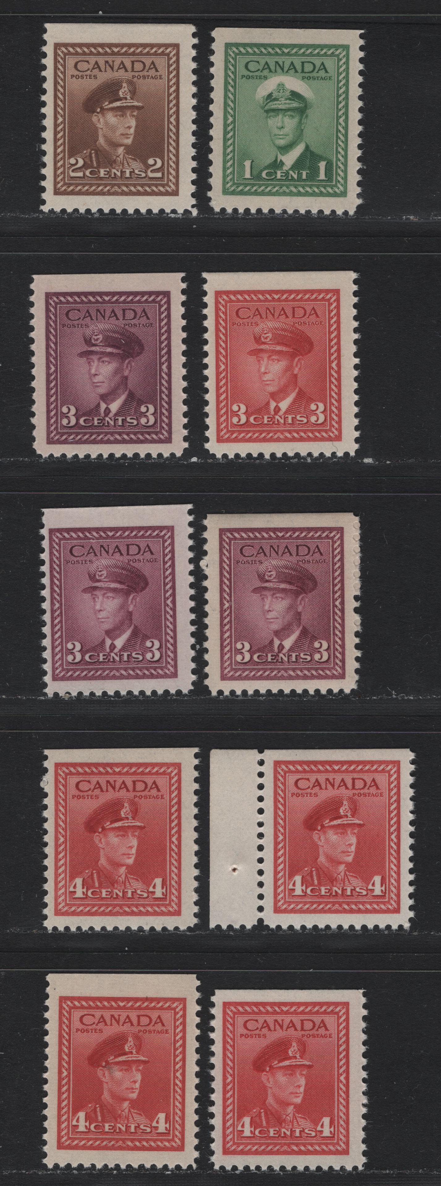 Lot 260 Canada #249as, 250as, 251as, 252as, 254as 1c - 4c Green - Carmine Red , 1942-1943 KGVI War Issue, 10 VFNH Booklet Singles, Top Center Or Top Left Booklet Singles, All With Different With Respect To Shade Or Paper/Gum Types