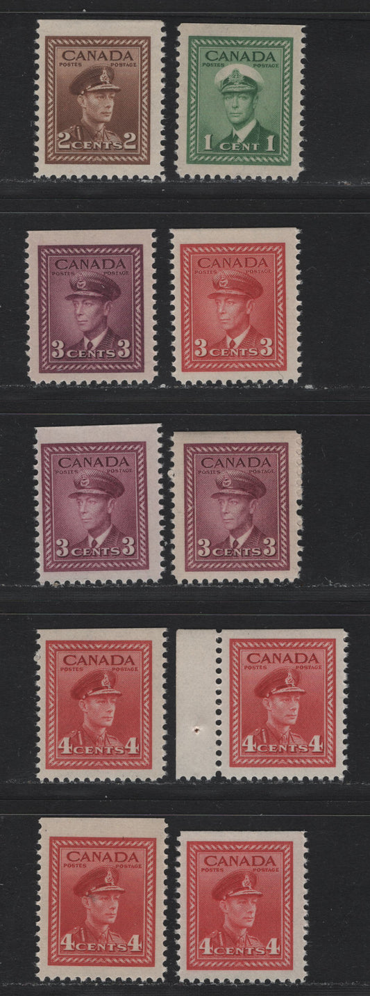 Lot 260 Canada #249as, 250as, 251as, 252as, 254as 1c - 4c Green - Carmine Red , 1942-1943 KGVI War Issue, 10 VFNH Booklet Singles, Top Center Or Top Left Booklet Singles, All With Different With Respect To Shade Or Paper/Gum Types