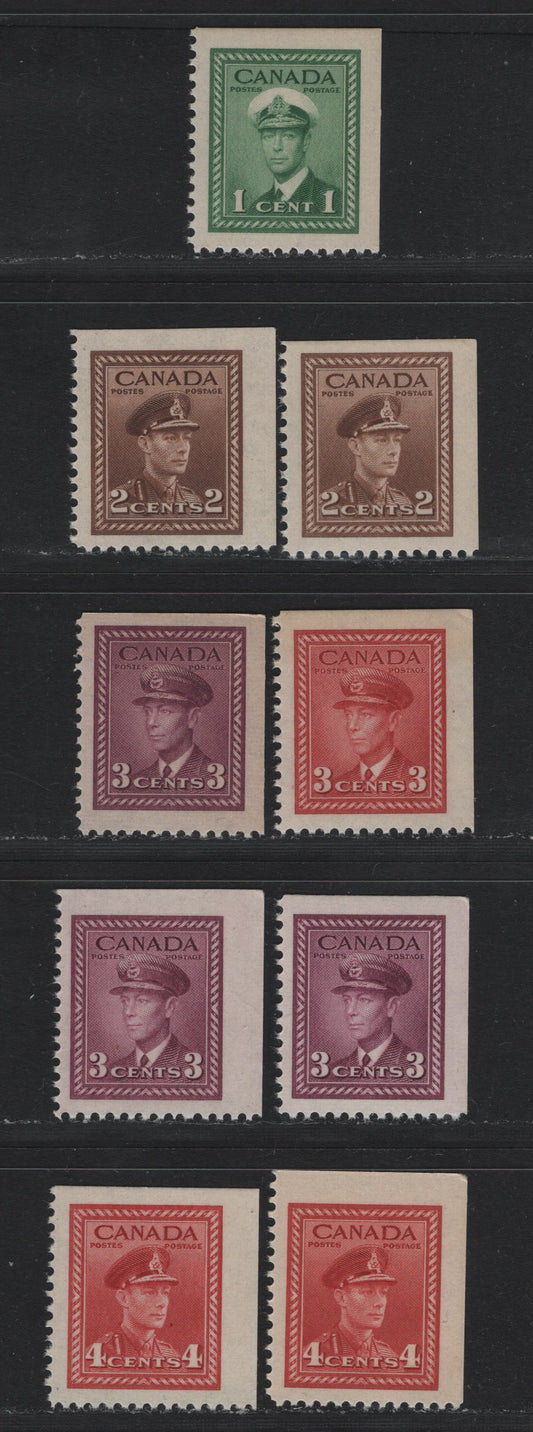 Lot 261 Canada #249as, 250as, 251as, 252as, 254as 1c - 4c Green - Carmine Red , 1942-1943 KGVI War Issue, 9 VFNH Booklet Singles, Upper Right Corner Booklet Singles, All Different With Respect To Shade, Paper, Perf Or Gum