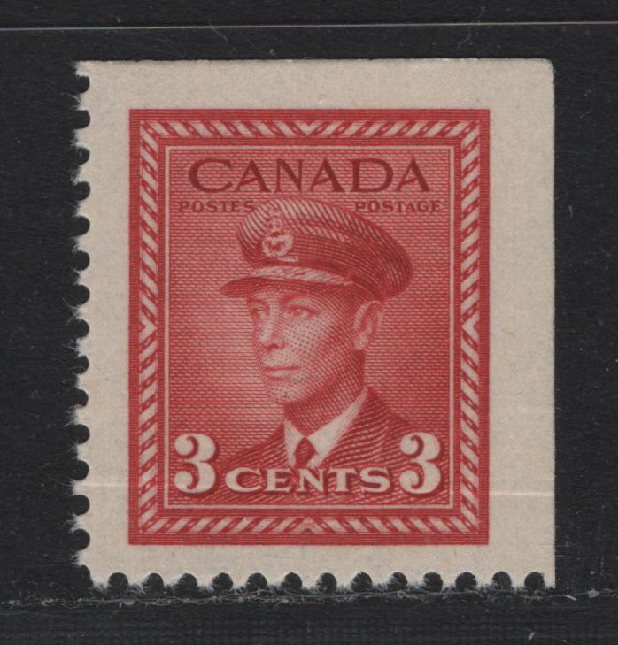 Lot 262 Canada #251asvar 3c Carmine , 1942-1943 KGVI War Issue, A VFNH Booklet Single, Double Paper UR Corner Booklet Single, Showing The Paper Join Along The Bottom 4mm Of The Stamp, Very, Very Scarce.