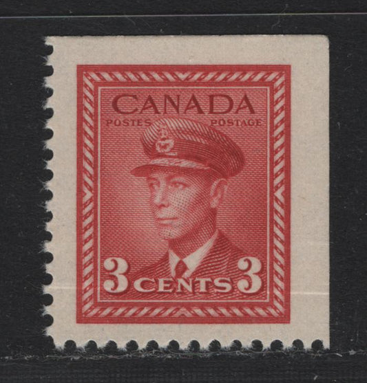 Lot 262 Canada #251asvar 3c Carmine , 1942-1943 KGVI War Issue, A VFNH Booklet Single, Double Paper UR Corner Booklet Single, Showing The Paper Join Along The Bottom 4mm Of The Stamp, Very, Very Scarce.