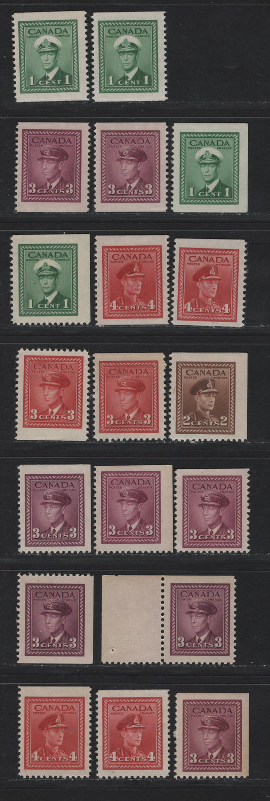 Lot 263 Canada #249as,cs, 250as, 251as, 252as,bs, 254as,bs 1c - 4c Green - Carmine Red , 1942-1943 KGVI War Issue, 19 VFOG Booklet Singles