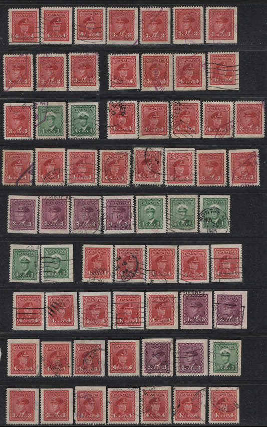Lot 265 Canada #249as,cs, 251as, 252as,bs, 254as,bs 1c - 4c Green - Carmine Red , 1942-1943 KGVI War Issue, 65 Very Fine Used Booklet Singles, Used Singles From Various Booklet Locations, All Are Different With Respect To Shade, Or Paper/Type