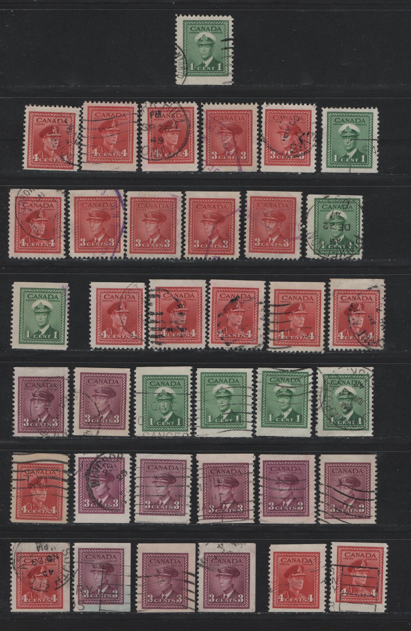 Lot 266 Canada #249bs,cs, 251as, 252bs, 254bs 1c - 4c Green - Carmine Red , 1942-1943 KGVI War Issue, 37 Fine Used Booklet Singles, A Selection Consisting Of Chewing Gum Singles, All Are Different With Respect To Shade, Or Paper/Type
