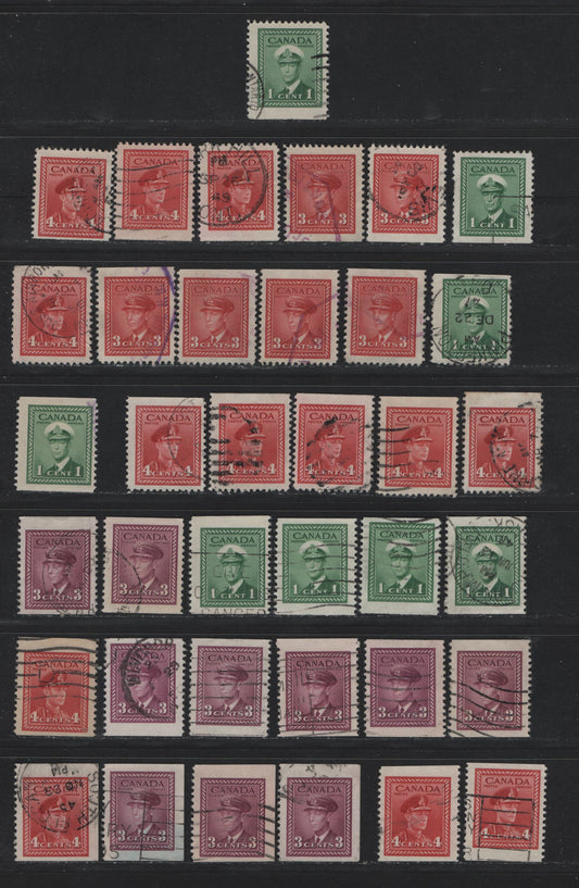 Lot 266 Canada #249bs,cs, 251as, 252bs, 254bs 1c - 4c Green - Carmine Red , 1942-1943 KGVI War Issue, 37 Fine Used Booklet Singles, A Selection Consisting Of Chewing Gum Singles, All Are Different With Respect To Shade, Or Paper/Type