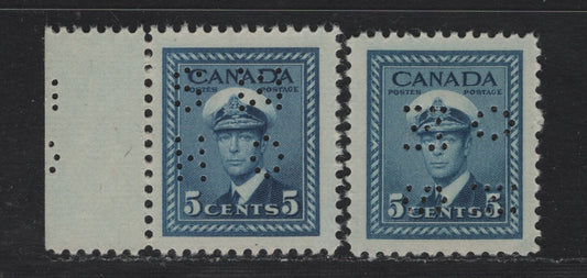 Lot 267 Canada #O10-255 5c Deep Blue , 1942-1943 KGVI War Issue, 2 VFNH Singles, 4-Hole OHMS Perfin, Not Identified With Respect To Paper/Gum Type, Original Die.