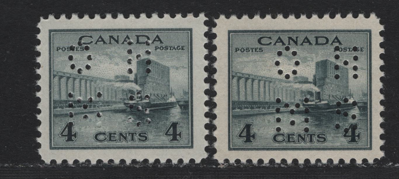 Lot 268 Canada #O9-253 4c Slate & Bluish , 1942-1943 KGVI War Issue, 2 VFNH Singles, 4 Hole OHMS Perfin, Pos. 1, Soft Vertical Wove With Creamy Semi Glossy Gum.