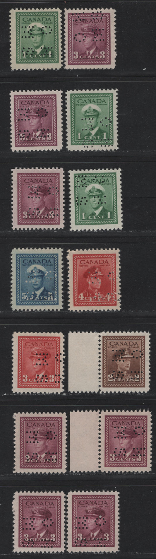 Lot 271 Canada SC#O9-249/O9-255, O10-249 1c-5c Green-Blue King George VI, 1942-1949 War Effort Issue, 13 Fine & VFNH Singles 4-Hole OHMS Perfins From Position 4, Original & Revised (1c, 3c) Dies