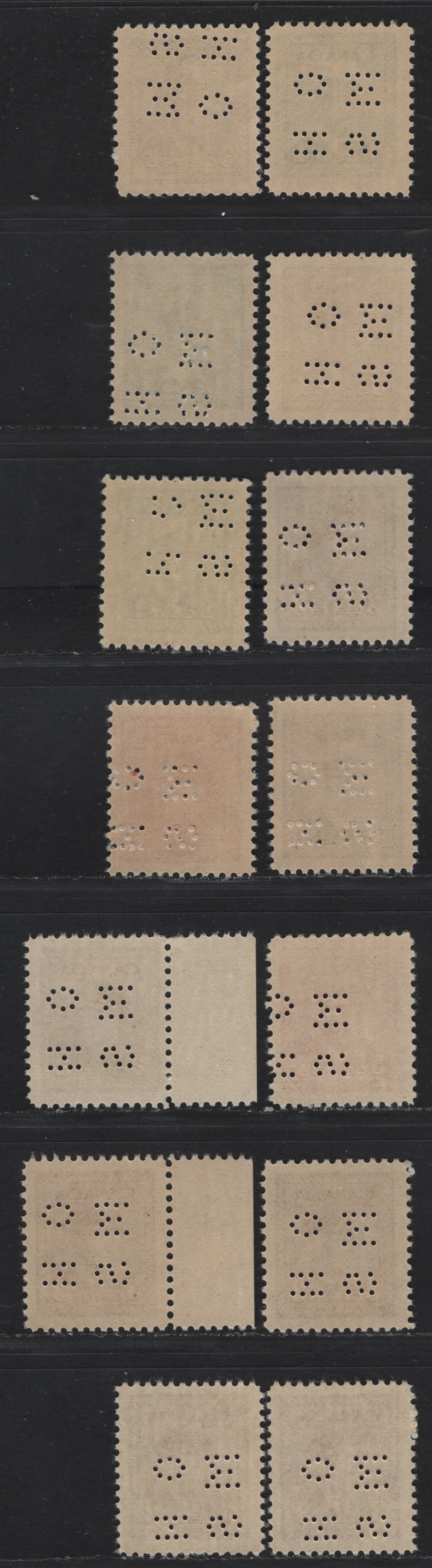 Lot 271 Canada SC#O9-249/O9-255, O10-249 1c-5c Green-Blue King George VI, 1942-1949 War Effort Issue, 13 Fine & VFNH Singles 4-Hole OHMS Perfins From Position 4, Original & Revised (1c, 3c) Dies