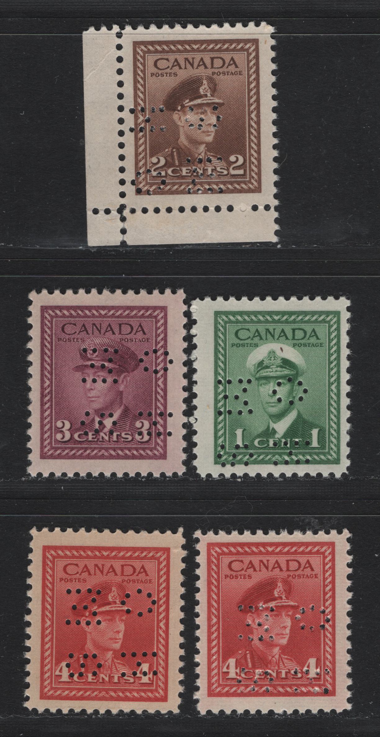 Lot 272 Canada SC#O9-250, O9-253, O9-254, O10-249 1c-4c Green-Carmine Red King George VI, 1942-1949 War Effort Issue, 5 Fine & VFNH Singles 4-Hole OHMS Perfins From Positions 2 & 4, Original & Revised (1c) Dies, Different Shades on the 4c