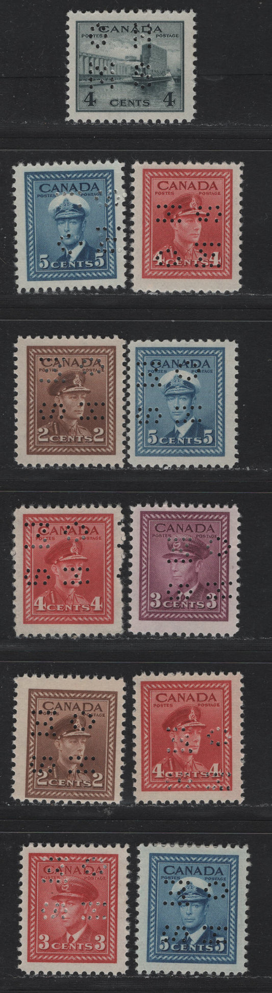 Lot 273 Canada SC#O9-250/O10-255 2c-5c, 1942-1949 War Effort Issue, 11 Fine & VFOG Singles 4-Hole OHMS Perfins From Positions 1,2 & 4, Original & Revised (2c, 3c, 4c, 5c) Dies, Different Shades or Papers on the 4c Original Die & 5c Revised Die