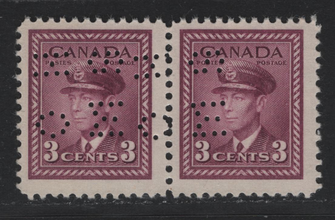 Lot 276 Canada SC#O9-252var 3c Rose Purple King George VI, 1942-1949 War Effort Issue, A Fine NH Pair 4-Hole OHMS Perfin From Position 2, Original Die, Showing Narrow Spacing Between Initials in Pair