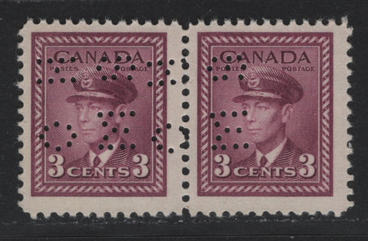 Lot 276 Canada SC#O9-252var 3c Rose Purple King George VI, 1942-1949 War Effort Issue, A Fine NH Pair 4-Hole OHMS Perfin From Position 2, Original Die, Showing Narrow Spacing Between Initials in Pair