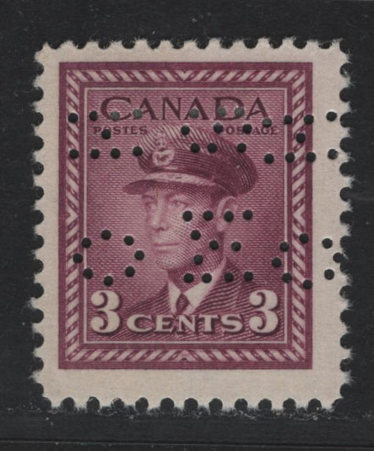 Lot 277 Canada SC#O9-252var 3c Rose Purple King George VI, 1942-1949 War Effort Issue, A Fine OG Single 4-Hole OHMS Perfin From Position 2, Original Die, Showing Narrow Spacing Between Initials