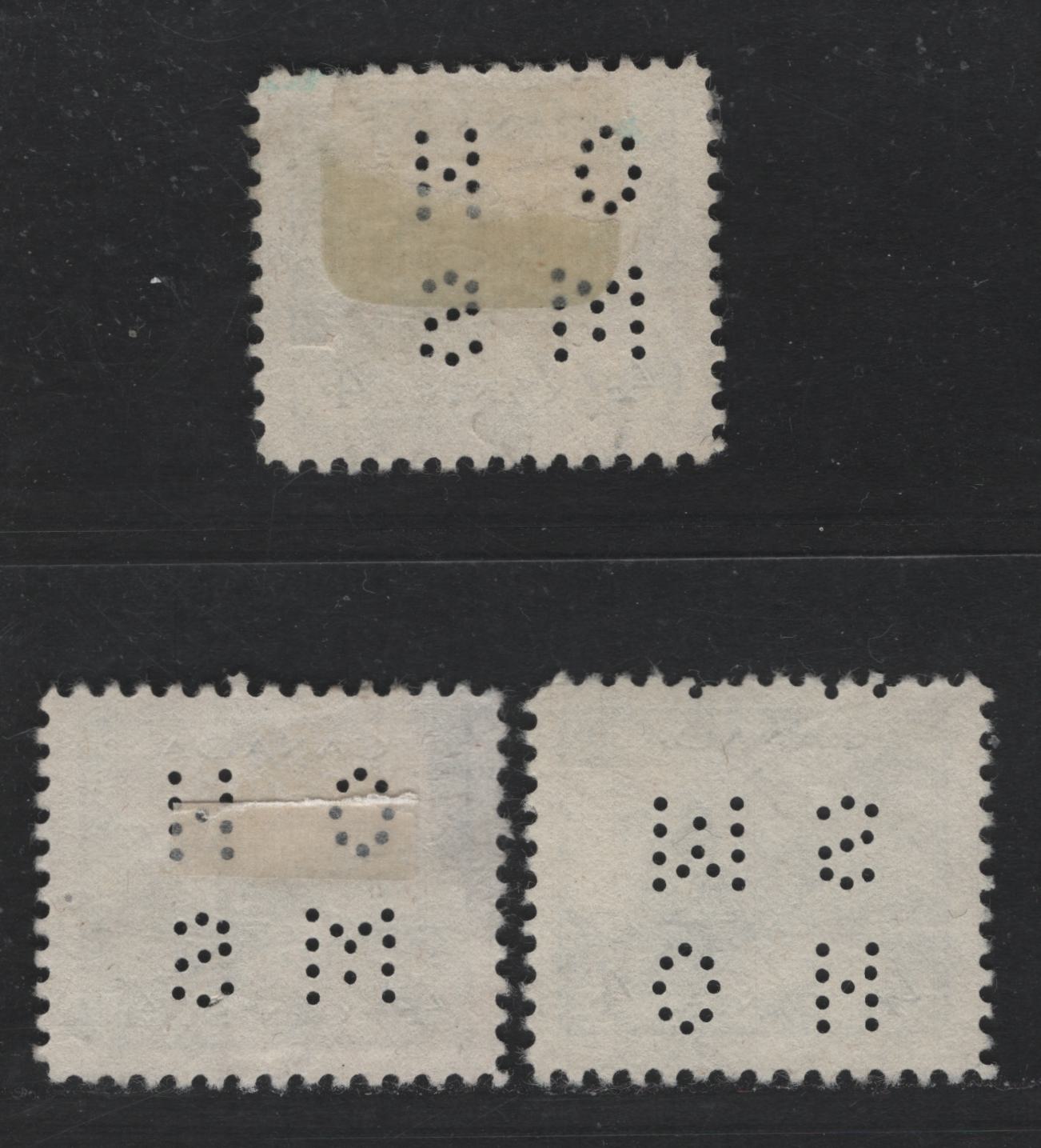 Lot 279 Canada SC#O9-253 4c Slate Grain Elevators, 1942-1949 War Effort Issue, 3 VF Used Singles 4-Hole OHMS Perfin From Positions 1 & 3 Original Die, 2 Different Shades Of Slate