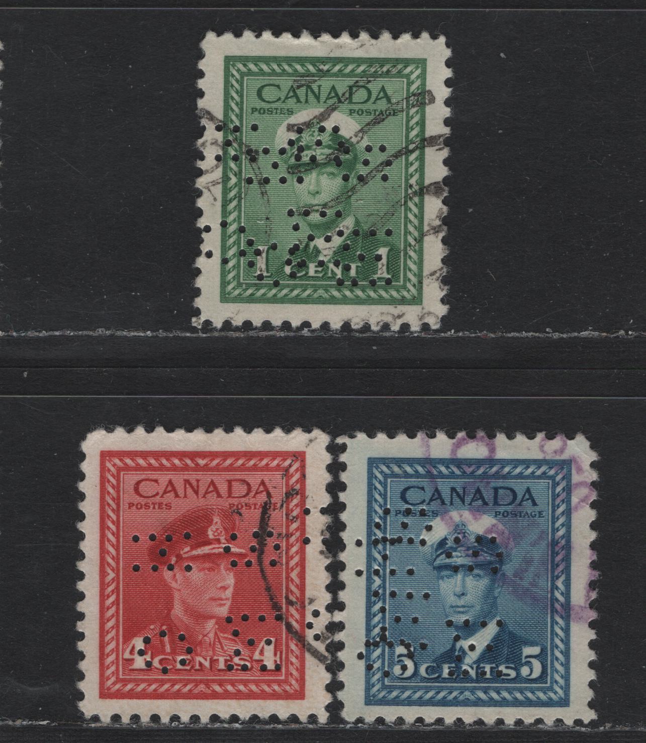 Lot 281 Canada SC#O10-249, O10-254, O10-255 1c-5c Green-Blue King George VI, 1942-1949 War Effort Issue, 3 VF Used Singles 4-Hole OHMS Perfins From Position 2, Revised Die, 2 Different Double Strikes & 4c Showing Narrow Spacing Between Strikes