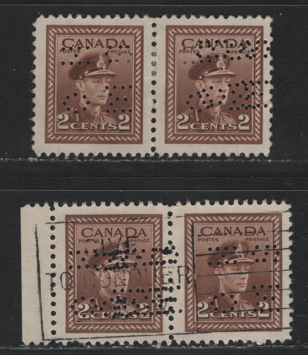 Lot 282 Canada SC#O10-250var 2c Brown King George VI, 1942-1949 War Effort Issue, 2 Fine & VF Used Pairs 4-Hole OHMS Perfins From Position 2, Revised Die, 2 Pairs One Showing Double Strike & One Showing What Appears to Be a Quadruple Strike