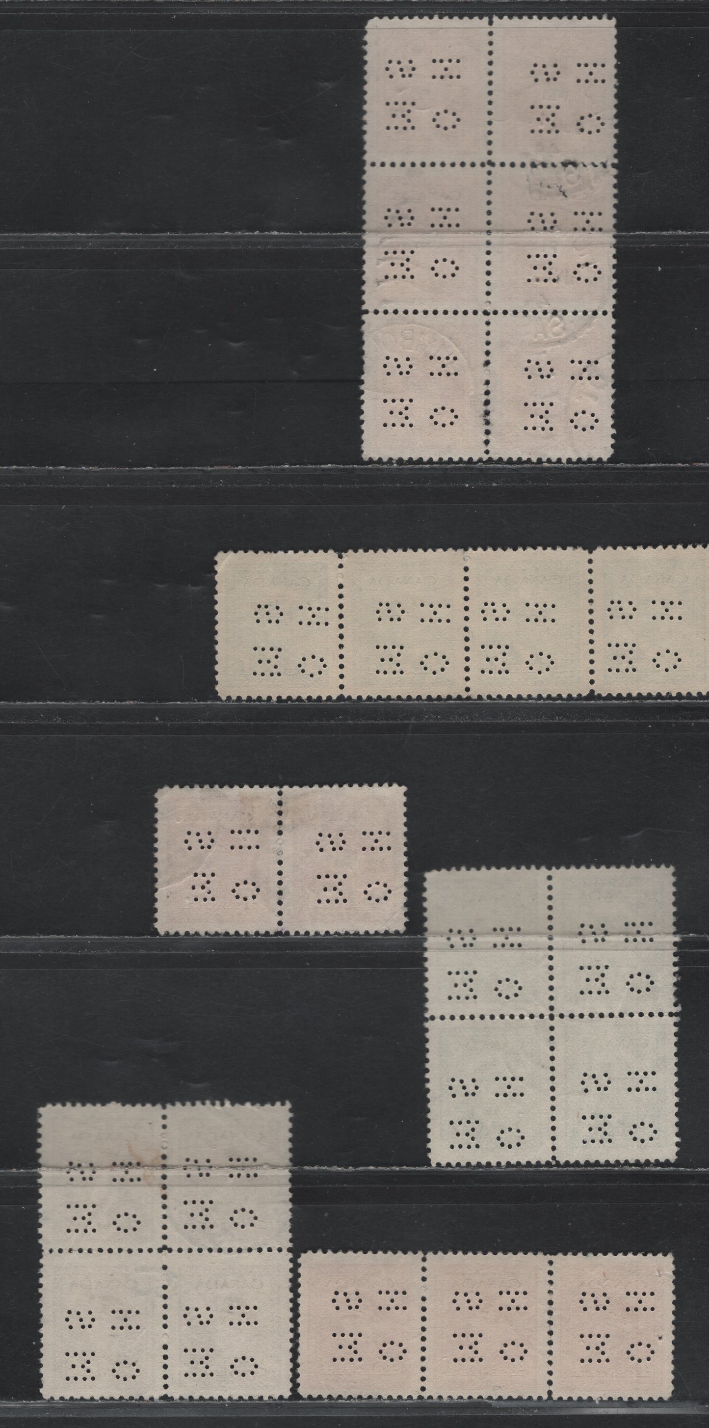 Lot 286 Canada SC#O9-249, O9-250, O9-254, O10-249 1c-4c Green-Carmine Red King George VI, 1942-1949 War Effort Issue, A Fine & VF Used Block of 6, 2 Blocks of 4, Pair & Strips of 3 &4 4-Hole OHMS Perfins From Position 2, Original Die