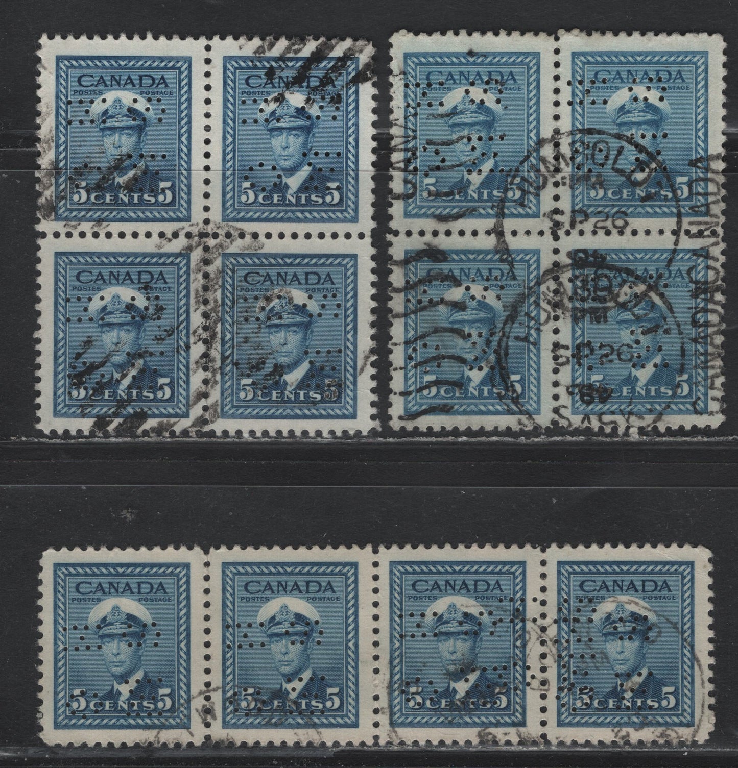Lot 287 Canada SC#O9-255, O10-255 5c Blue, 2 VF Used Blocks of 4 & Strip of 4 4-Hole OHMS Perfins From Position 2, Original & Revised Dies, With Strip of 4 Showing The Double Strike Affecting The Last Stamp, Different Shades Of Blue