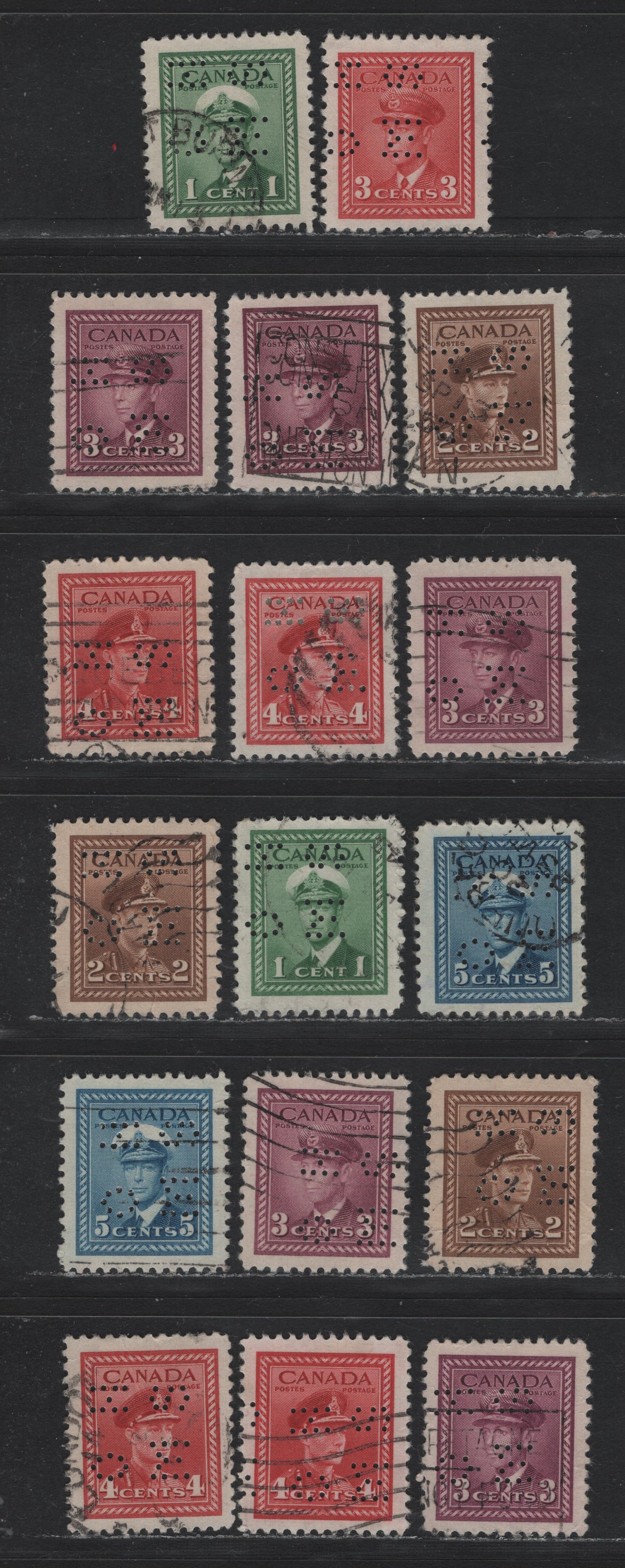 Lot 288 Canada SC#O9-249-O9-255 1c-5c Green-Blue King George VI, 1942-1949 War Effort Issue, 17 VF Used Singles 4-Hole OHMS Perfins From Position 2, Original & Revised (2c, 3c, 4c, 5c) Dies, Different Shades Or Papers