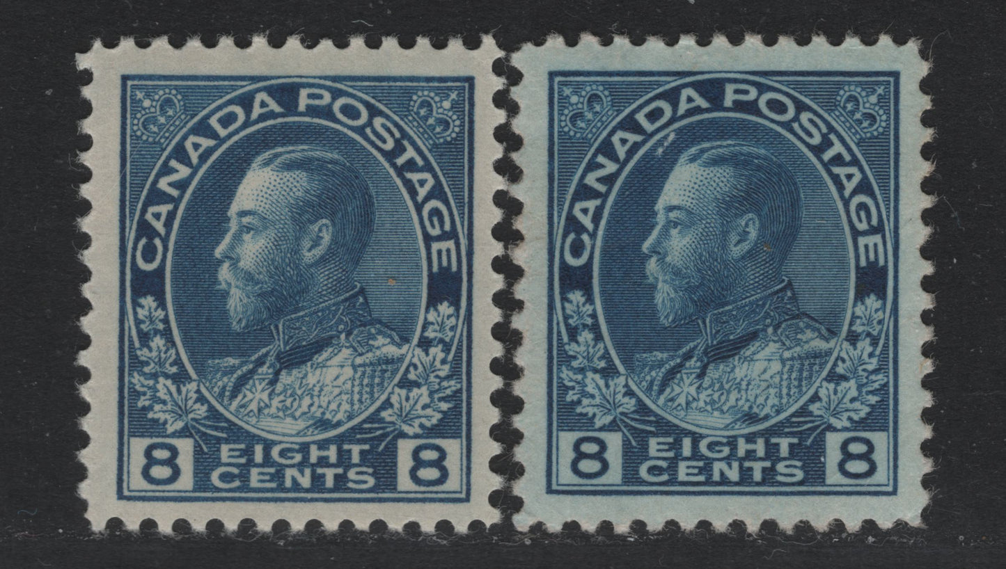 Lot 29 Canada #115 8c Blue - Deep Blue , 1911-1925 KGV Admiral Issue, 2 FOG & Very Fine Unused Singles, ABN-RRR & ABN-M Papers, Dry Printings, Perfs 12x11.9 & 12.