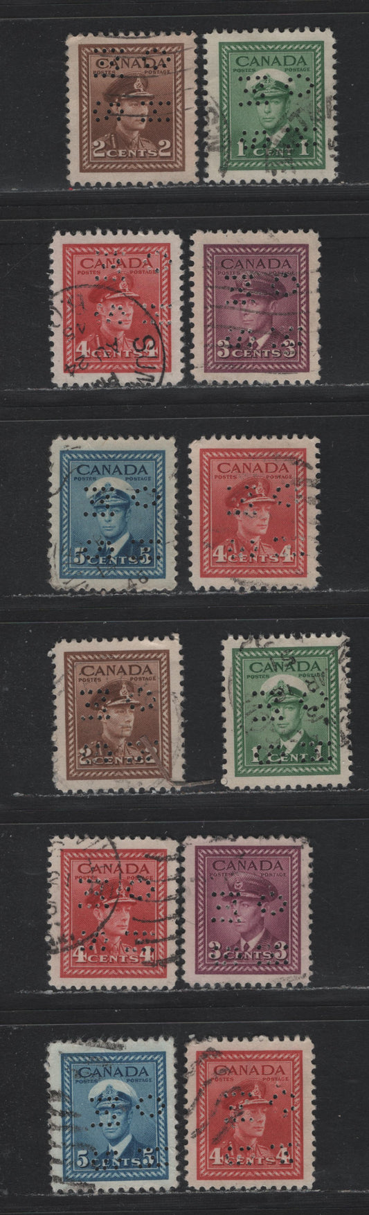 Lot 51 Canada SC#O9-254var, O10-250var 1c-5c Green-Blue King George VI, 1942-1949 War Effort Issue, 12 VF Used Singles 4-Hole OHMS Perfins From Position 4, Original & Revised Dies, Different Shades Or Papers On the 4c Original Die