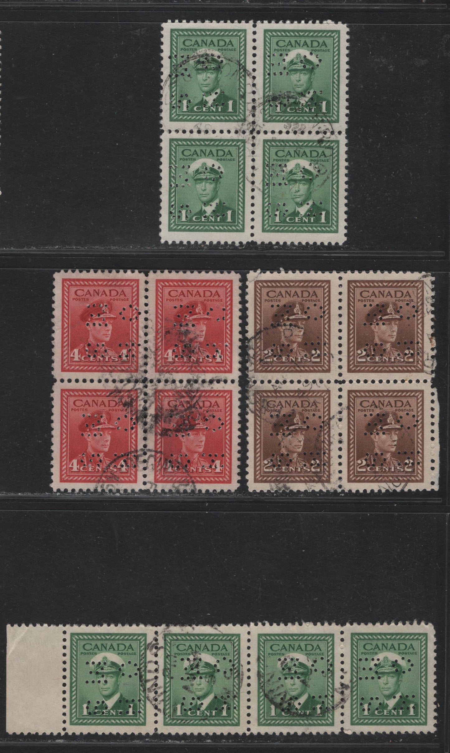 Lot 294 Canada SC#O1, O4 1c, 2c, 4c Green, Carmine-Red, Blue King George VI, 1942-1949 War Effort Issue, 3 VF Used Blocks of 4 & Strip of 4 4-Hole OHMS Perfins From Position 4, Original & Revised (1c) Dies, The 1c Block Showing Both Dies