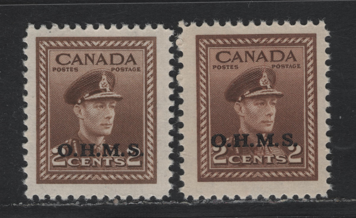 Lot 299 Canada SC#O2 2c Brown King George VI, 1942-1949 War Effort Issue, 2 Fine NH Singles OHMS Overprints Both Showing Slight Shifts Of The Overprint
