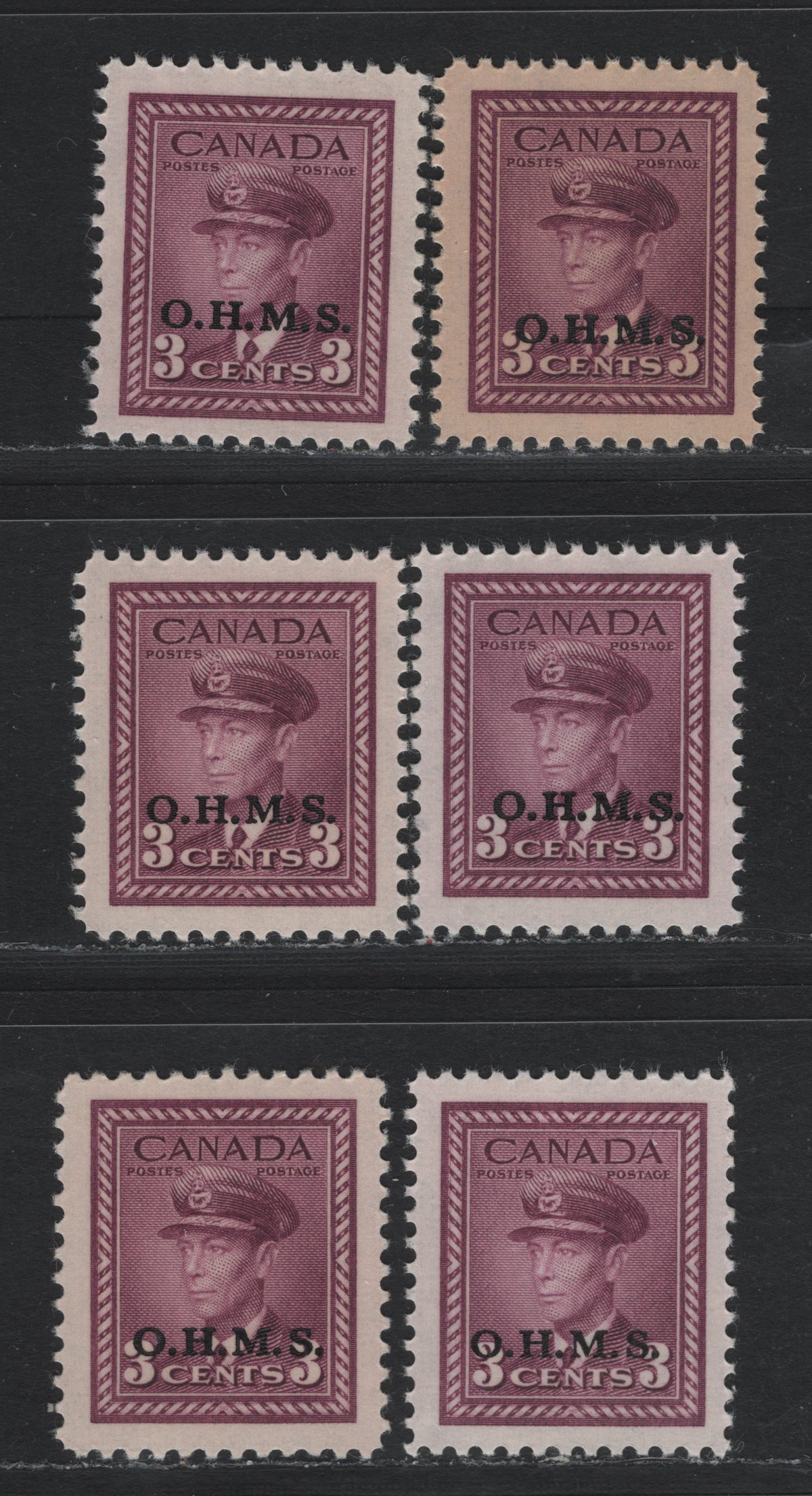 Lot 54 Canada SC#O3 3c Rose Purple Shades King George VI, 1942-1949 War Effort Issue, 6 VFNH Singles OHMS Overprints All Showing Slight Shifts Of The Overprint