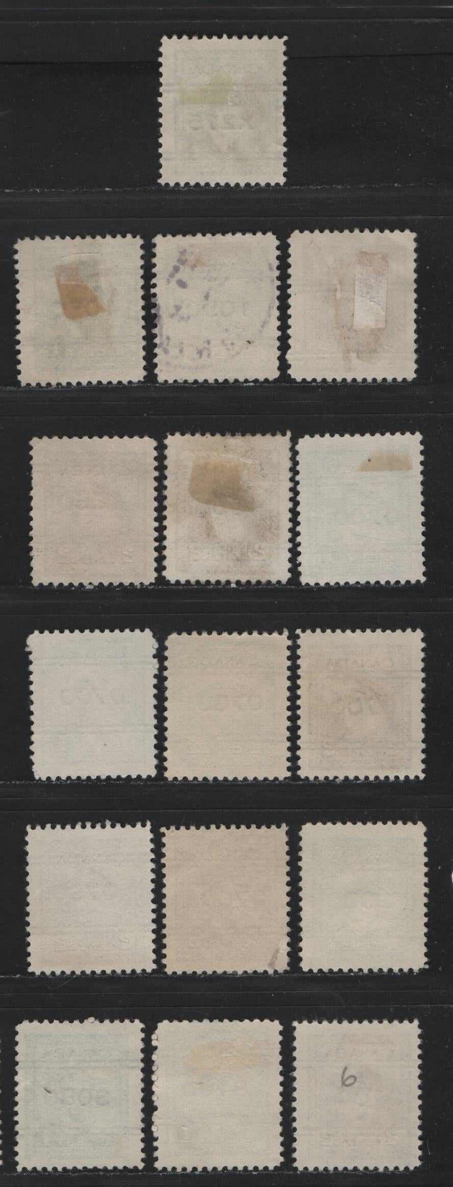 Lot 310 Canada #249xx-250xx 1c - 2c Green - Brown , 1942-1943 KGVI War Issue, 16 Fine Used Singles, Precancels From Various Money Order Offices