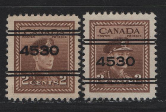 Lot 311 Canada #250xx 2c Brown , 1942-1943 KGVI War Issue, 2 Very Fine Used Singles, Toronto Precancel, Showing The Number Shifted 1/2mm Upward Relative To The Bars, Compared To The Normal, Where The Numbers Are Centered.