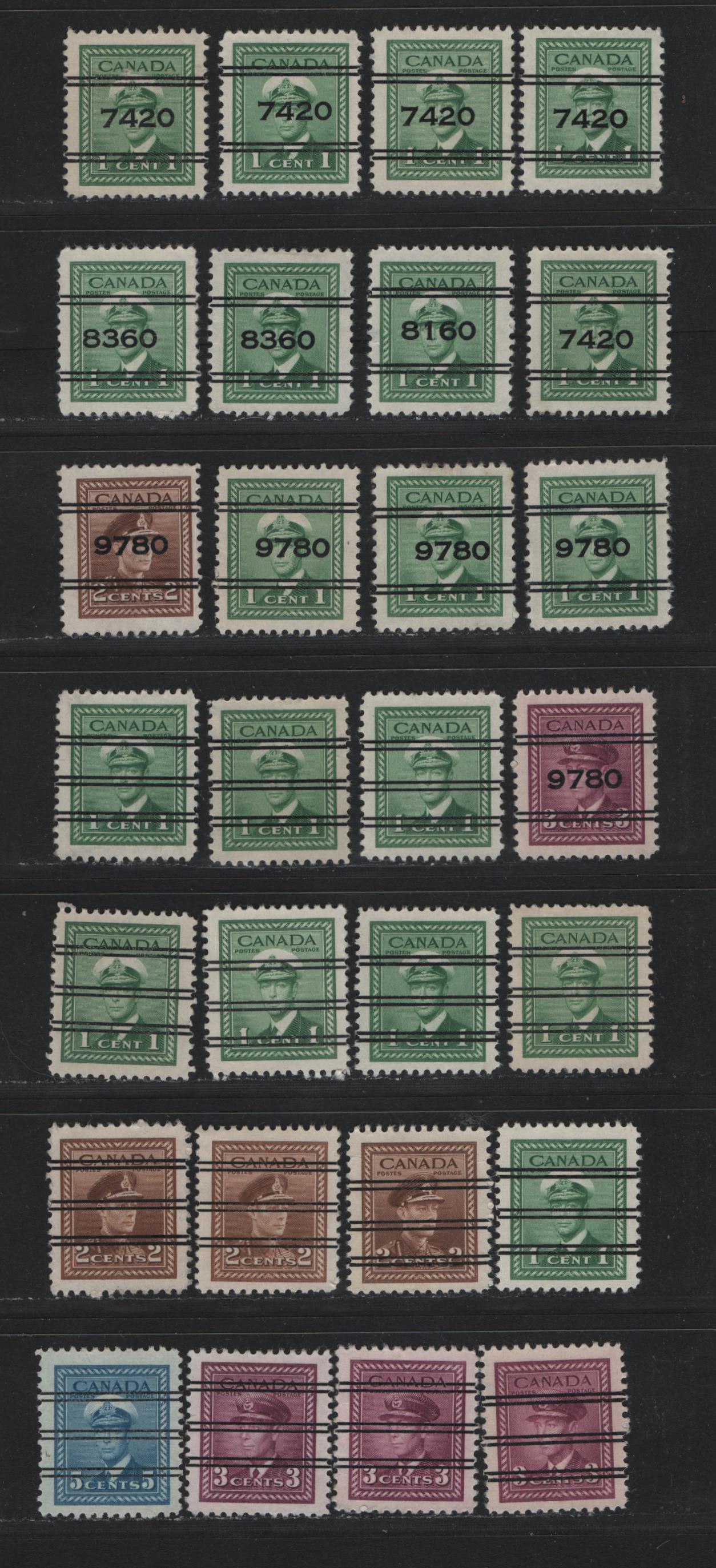 Lot 314 Canada #249xx-250xx, 252xx 1c - 3c Green - Rose Purple , 1942-1943 KGVI War Issue, 28 Fine/Very Fine Used Singles, Style X Precancels & Money Order Offices