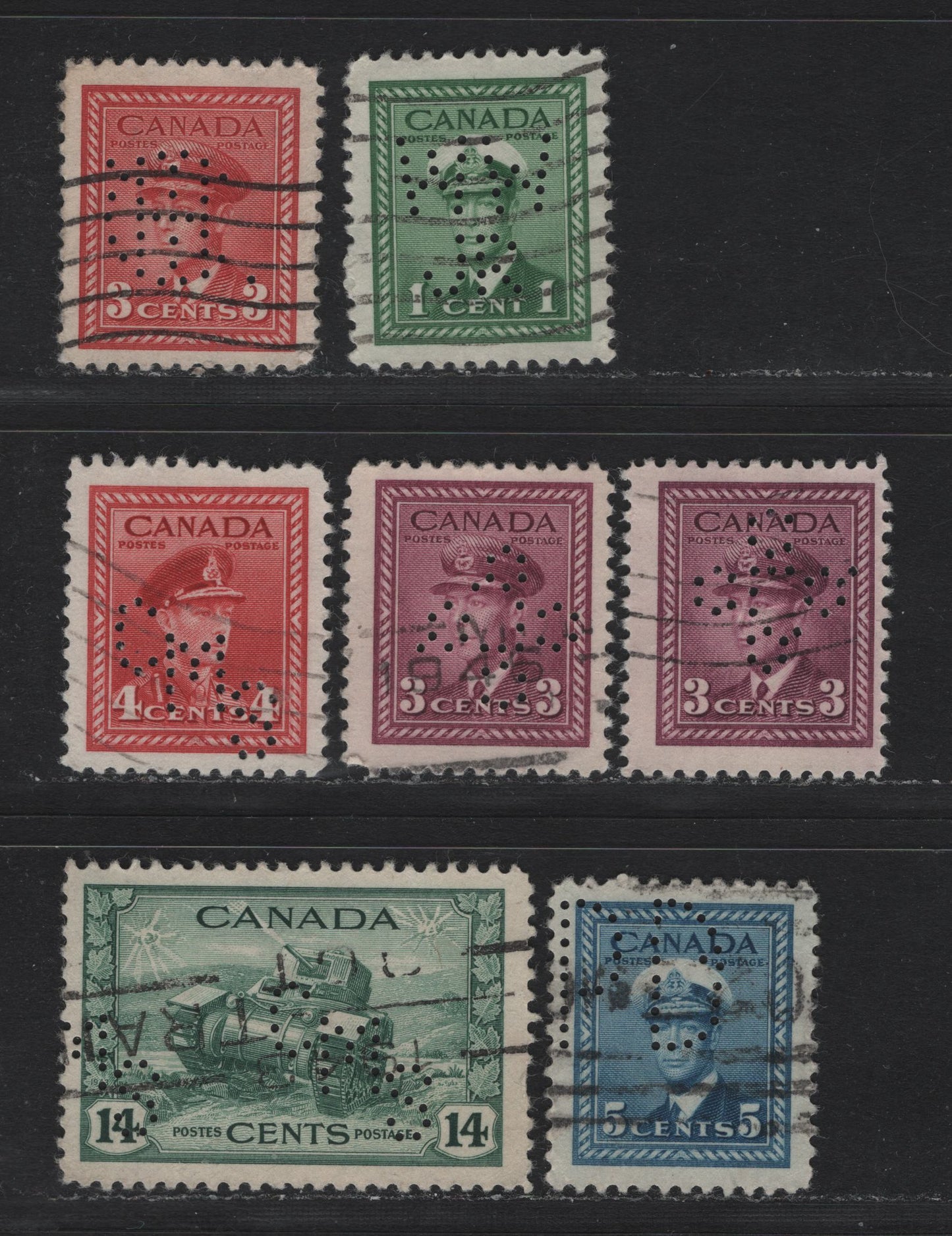 Lot 315 Canada #249, 251-252, 254-255, 259 1c - 14c Green , 1942-1943 KGVI War Issue, 7 Very Good/Fine/Very Fine Used Singles, Perfins From Positions 1 & 3