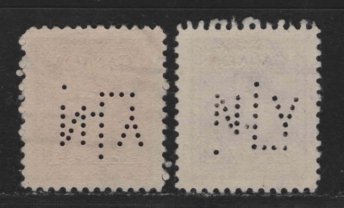 Lot 316 Canada #250var, 254var 2c - 4c Brown - Dark Carmine , 1942-1943 KGVI War Issue, 2 Fine/Very Fine Used Singles, 2c New York Life Insurance Co Perfin From Montreal, Pos. 5, 4c New York Life Insurance Co Perfin For Montreal, Pos. 3