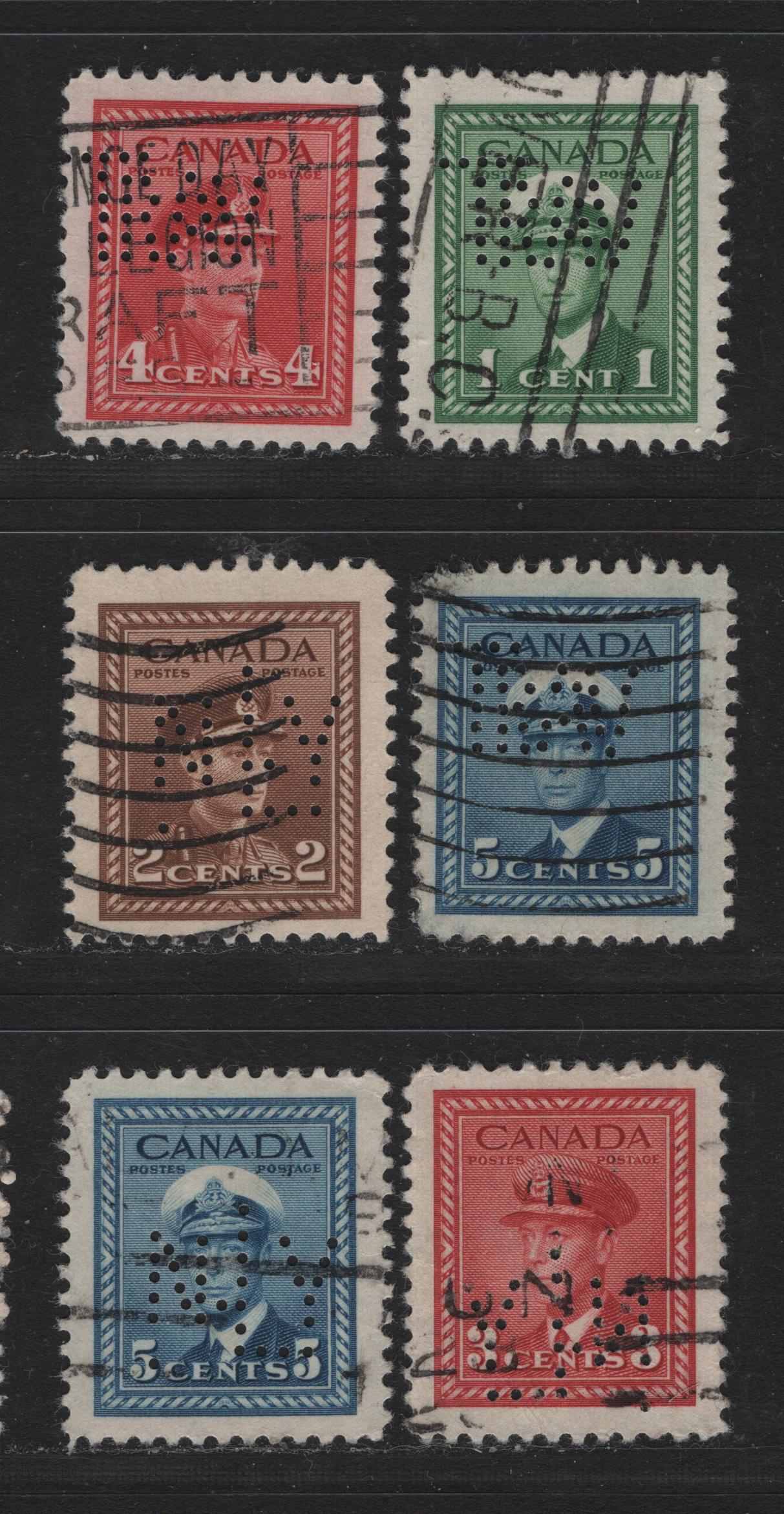 Lot 317 Canada #249-251, 254-255 1c - 5c Green - Blue , 1942-1943 KGVI War Issue, 6 Fine/Very Fine Used Singles, Travellers Insurance CO & New York Life Insurance Co Perfins For Quebec (2c) & Montreal (3c & 5c), All Pos. 1