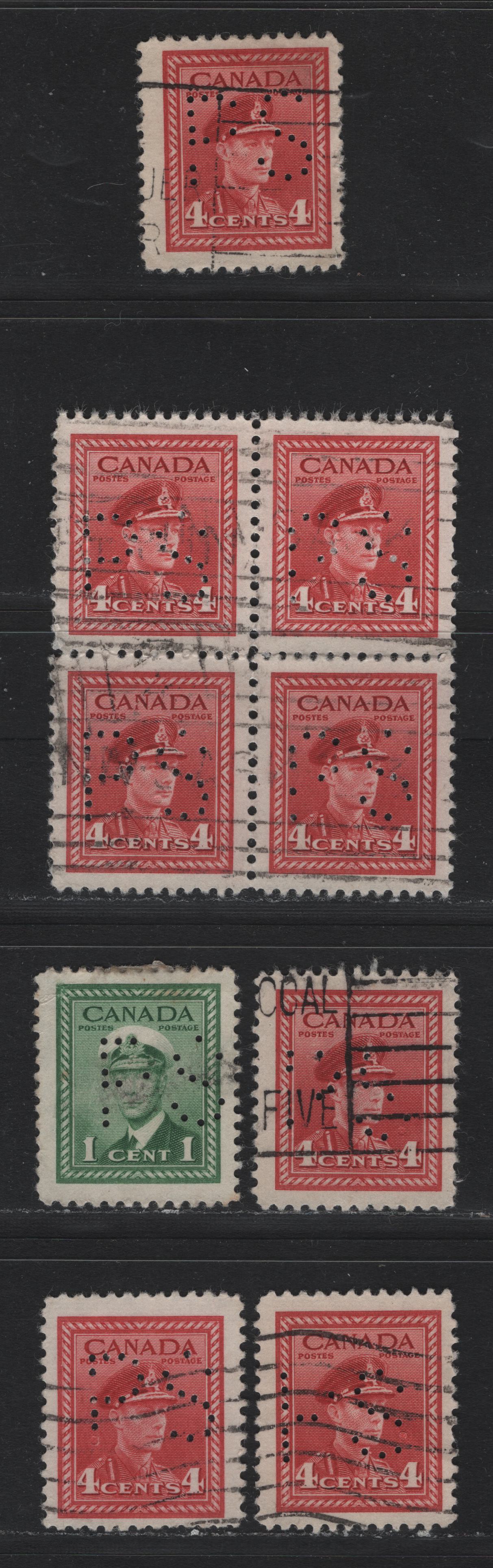 Lot 318 Canada #249var, 254var 1c - 4c Green - Carmine Red , 1942-1943 KGVI War Issue, 6 Fine/Very Fine Used Singles, Province of Saskatchewan Perfins, All Pos. 1, And All Showing Missing Holes In Various Locations From Missing Pins.