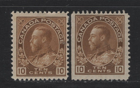 Lot 32 Canada #118 10c Bistre Brown - Light Bistre Brown , 1911-1925 KGV Admiral Issue, 2 FOG Singles, ABN-RRR Paper, Perfs 11.9 & 12x11.9