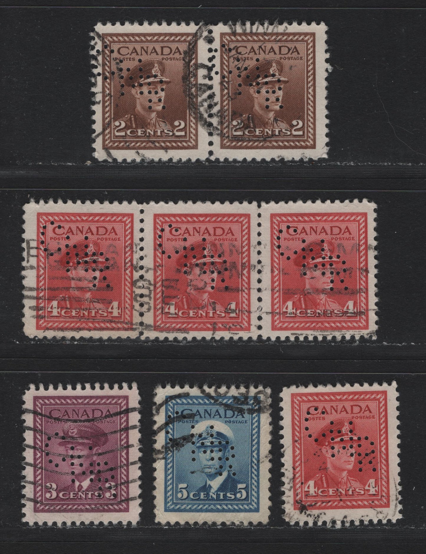 Lot 325 Canada #250var, 252var, 254var, 255var 2c - 5c Brown - Blue , 1942-1943 KGVI War Issue, 5 Fine/Very Fine Used Singles, Pairs & Strips Of 3, Winnipeg CNR Perfin Pos. 1, The 4c Strip & Single Are Printed In Slightly Different Shades