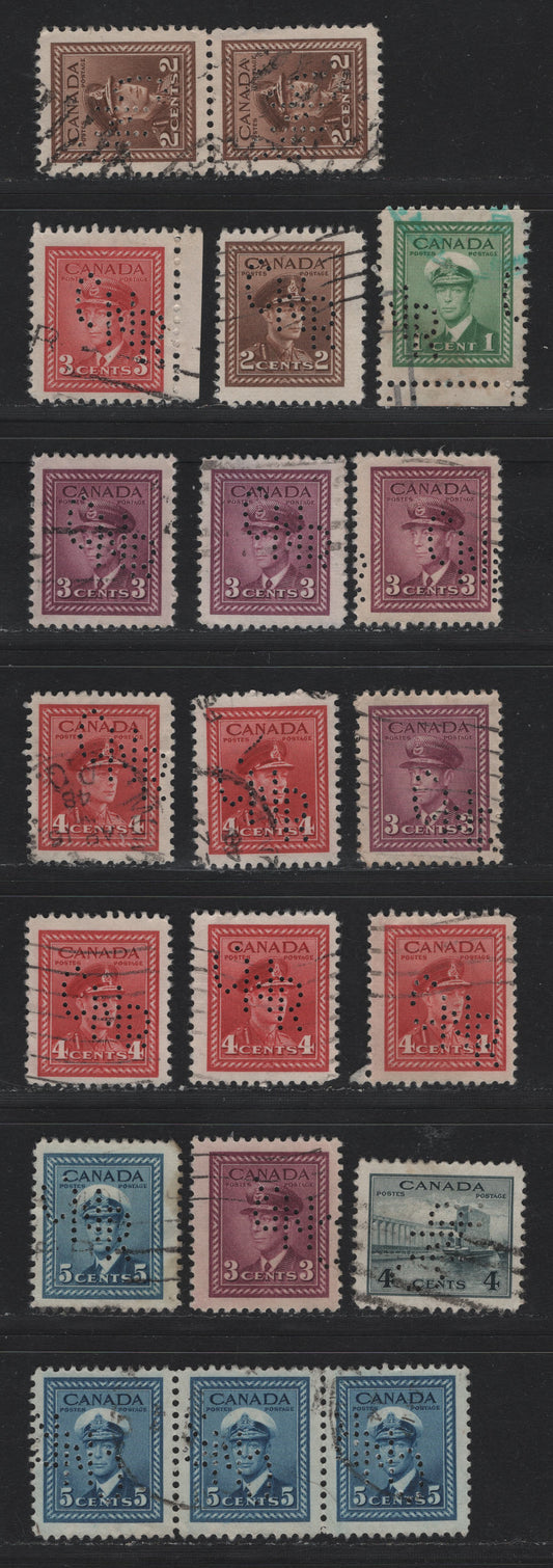 Lot 326 Canada #249var - 255var 1c - 5c Green - Blue , 1942-1943 KGVI War Issue, 17 Fine/Very Fine Used Singles, Pairs & Strips Of 3, CN Railway Perfins For Montreal, Pos. 1, 2 & 3