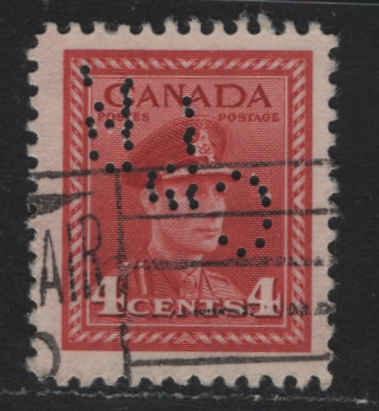 Lot 327 Canada #254var 4c Carmine Red , 1942-1943 KGVI War Issue, A Fine Used Single, CPR Perfin For Montreal, Double Punched, Pos. 3.