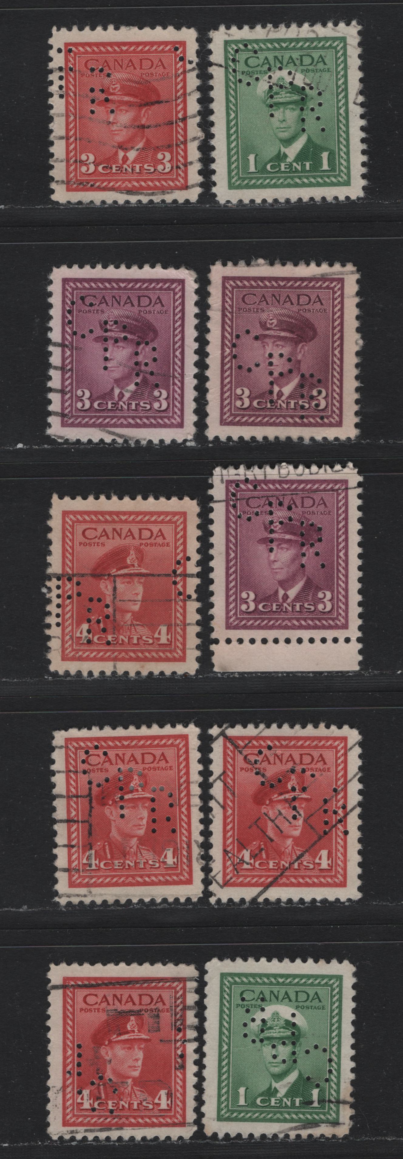 Lot 328 Canada #249var, 251var, 252var, 254var 1c - 4c Green - Carmine Red , 1942-1943 KGVI War Issue, 10 Very Fine Used Singles, CPR Perfins From Montreal From Pos. 1 & 3, Includes Shades of 3c Rose Violet