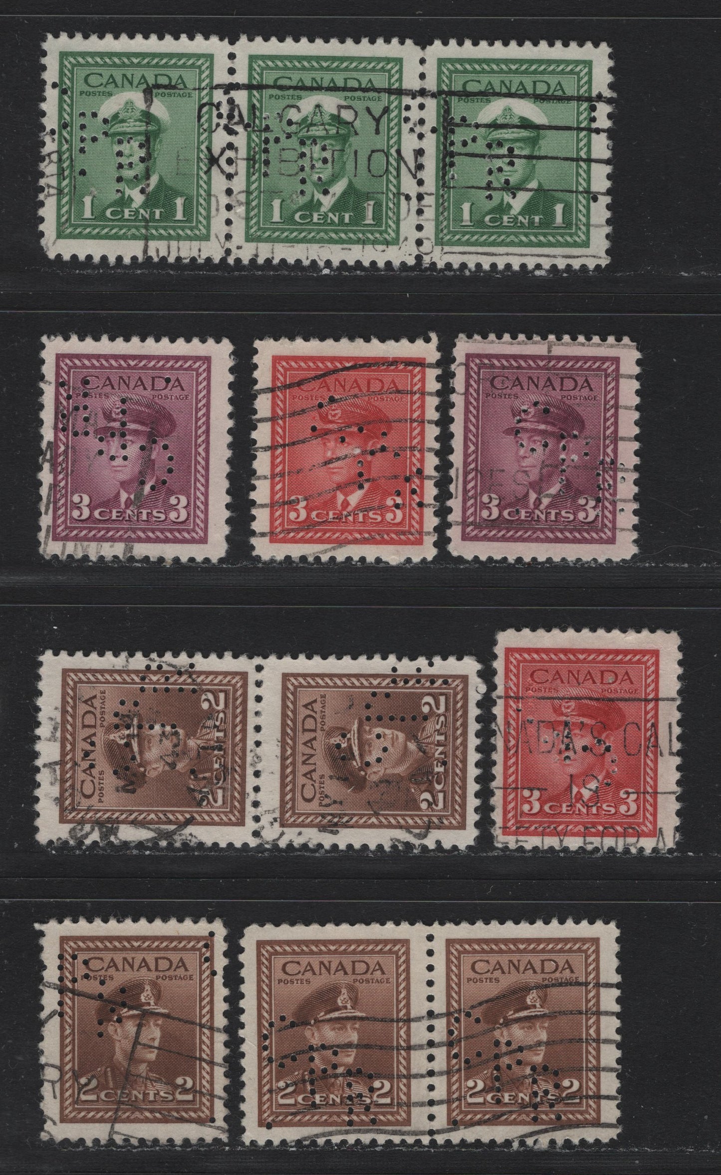 Lot 330 Canada #249var, 250var, 251var, 252var 1c - 3c Green - Rose Purple , 1942-1943 KGVI War Issue, 9 Fine/Very Fine Used Singles, CPR Perfins From Vancouver Office, Pos. 1 & 3