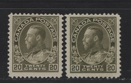 Lot 33 Canada #119 20c Olive Green - Grayish Olive Green , 1911-1925 KGV Admiral Issue, 2 F/VFOG Singles, ABN-M Paper, Perfs 12x11.9 & 11.9