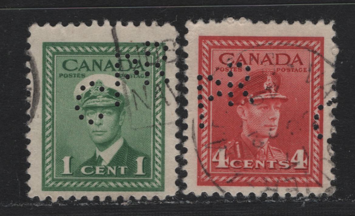 Lot 331 Canada #249xx, 254xx 1c - 4c Green - Carmine Red , 1942-1943 KGVI War Issue, 2 Fine/Very Fine Used Singles, Vancouver CPR Perfins, Position 1