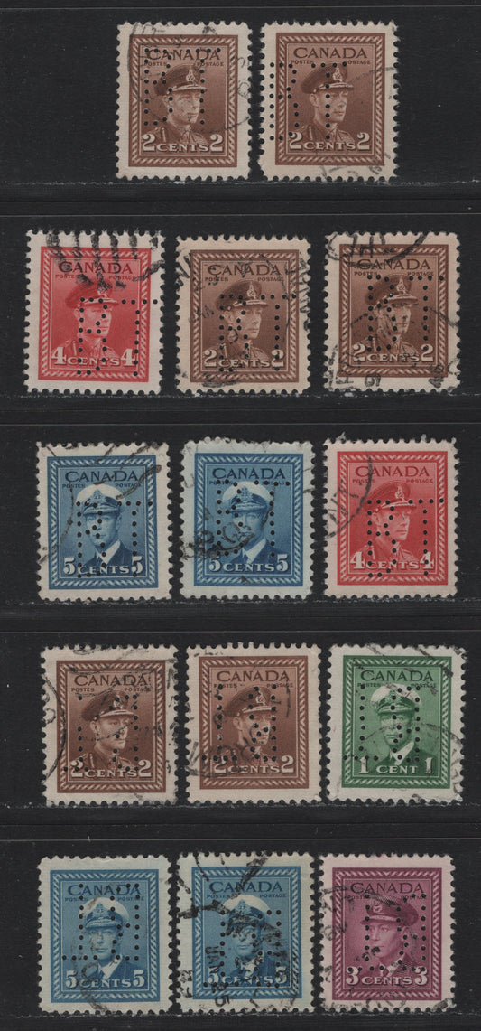 Lot 333 Canada #249var/255var 1c - 5c Green - Blue , 1942-1943 KGVI War Issue, 14 Very Fine Used Singles, Bell Telephone Perfins From Pos. 1 & 3, Including Shade & Paper Variations