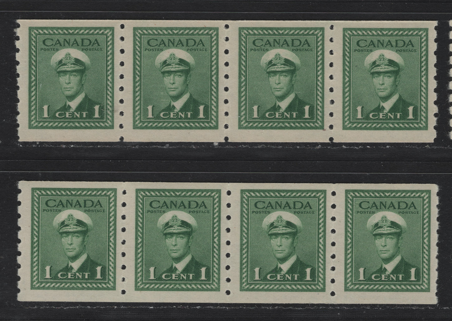 Lot 335 Canada #263 1c Green , 1942-1943 KGVI War Issue Coils, 2 VFNH Strips Of 4, Vertical Wove Paper With Satin Cream Gum, Perf 8 Vertical, One With Same Spacing Between Stamps (4mm) & One With Both 3.5mm & 4mm Spacing.