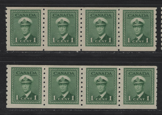 Lot 335 Canada #263 1c Green , 1942-1943 KGVI War Issue Coils, 2 VFNH Strips Of 4, Vertical Wove Paper With Satin Cream Gum, Perf 8 Vertical, One With Same Spacing Between Stamps (4mm) & One With Both 3.5mm & 4mm Spacing.